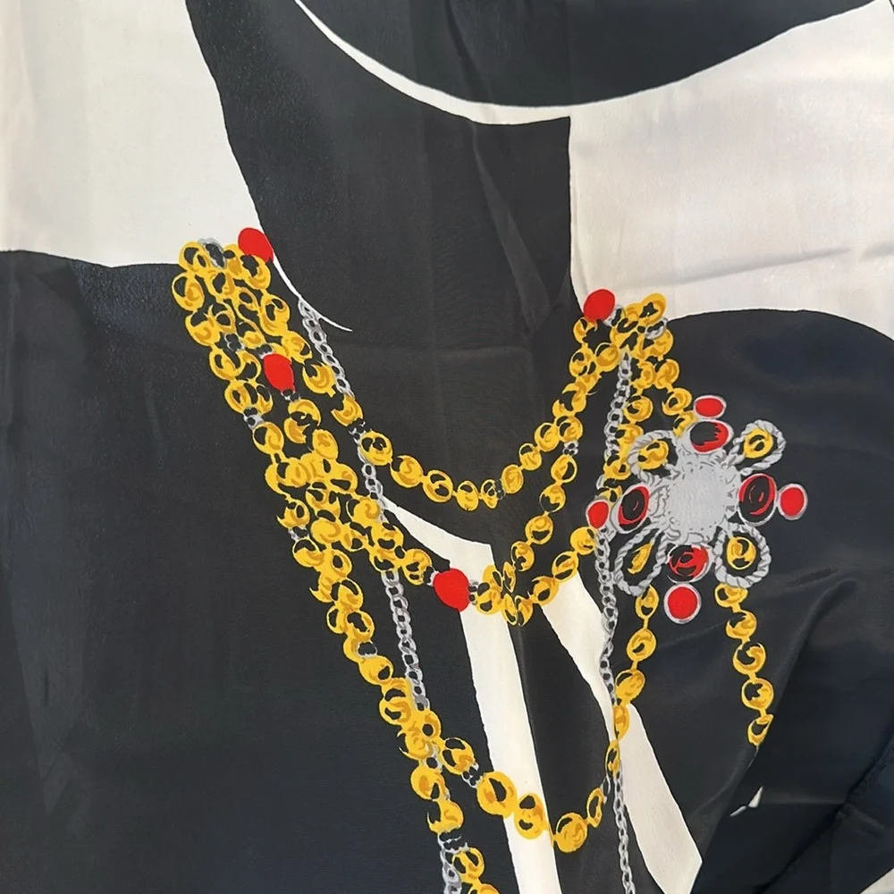 CHANEL Black White & Gold Chain Motif Silk Scarf